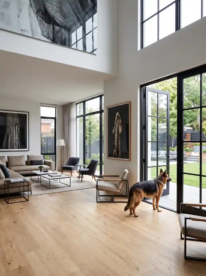 Commercial-grade AC5 wide-plank laminate flooring in a luxury living room with a large German Shepherd.