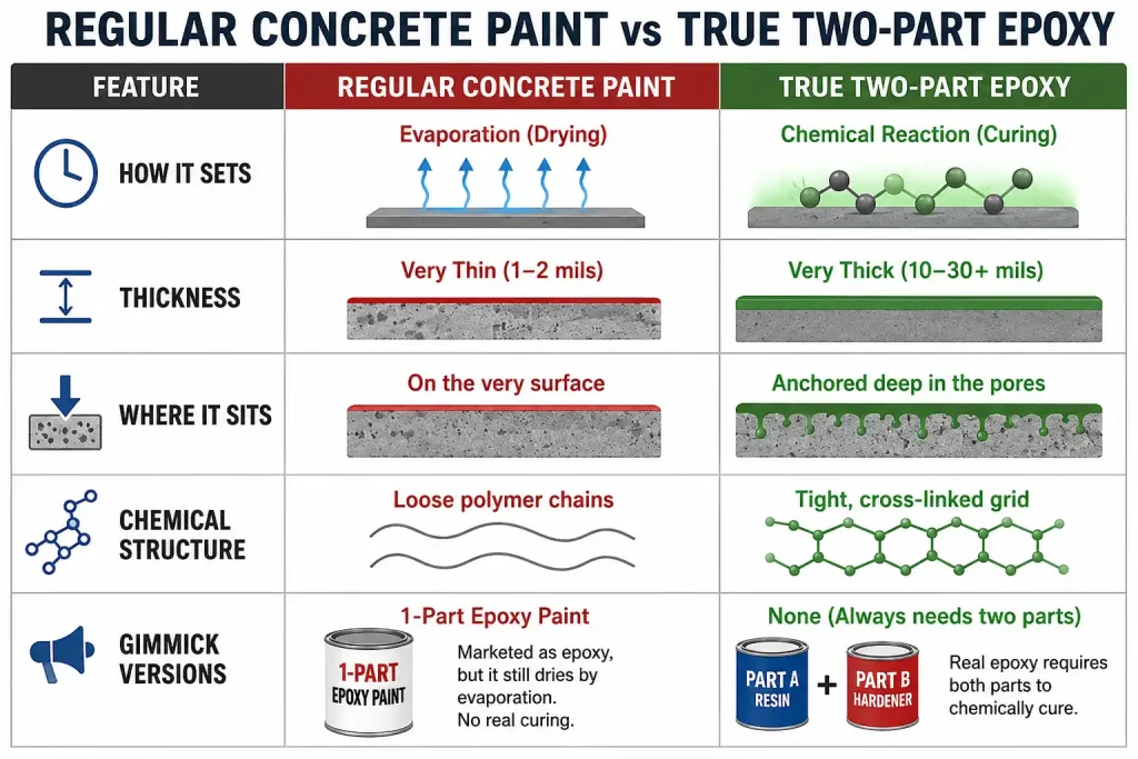 A side-by-side comparison of a peeling painted garage floor vs a high-gloss, durable multi-layer epoxy coating system.