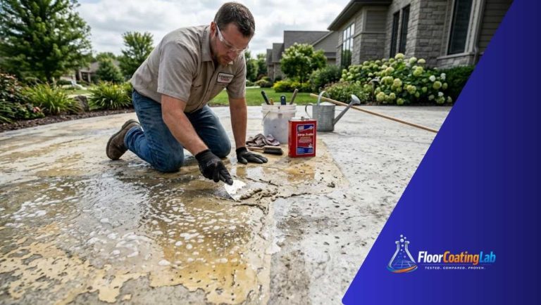 DIY homeowner applying concrete sealer stripper to a stamped patio with a roller