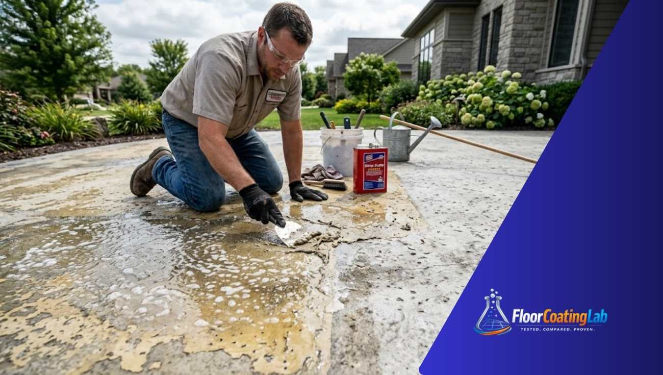 DIY homeowner applying concrete sealer stripper to a stamped patio with a roller