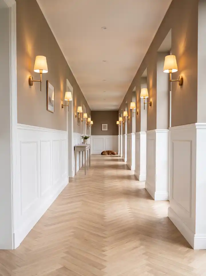 Light oak herringbone patterned laminate flooring in a high-traffic home hallway.