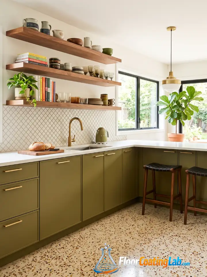 Mid-century modern kitchen with a seamless terrazzo-inspired epoxy floor and olive green cabinets.
