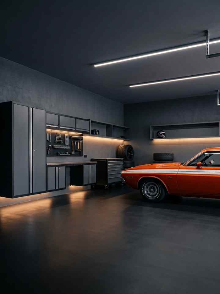 Moody, high-end stealth garage featuring a deep charcoal matte black epoxy floor and modern black storage systems.