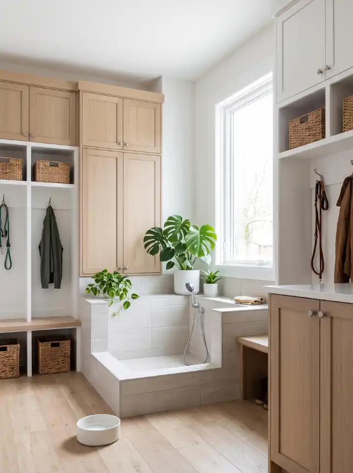Mudroom entryway with waterproof water-lock laminate flooring and a stylish dog water bowl station.
