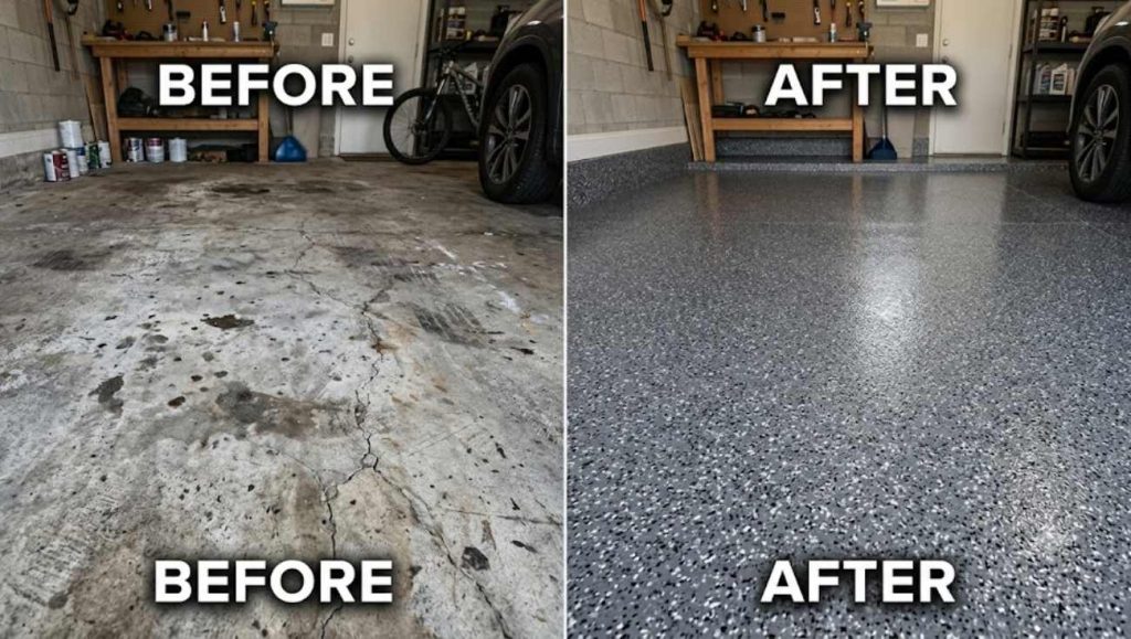 Garage floor before and after skim coat application