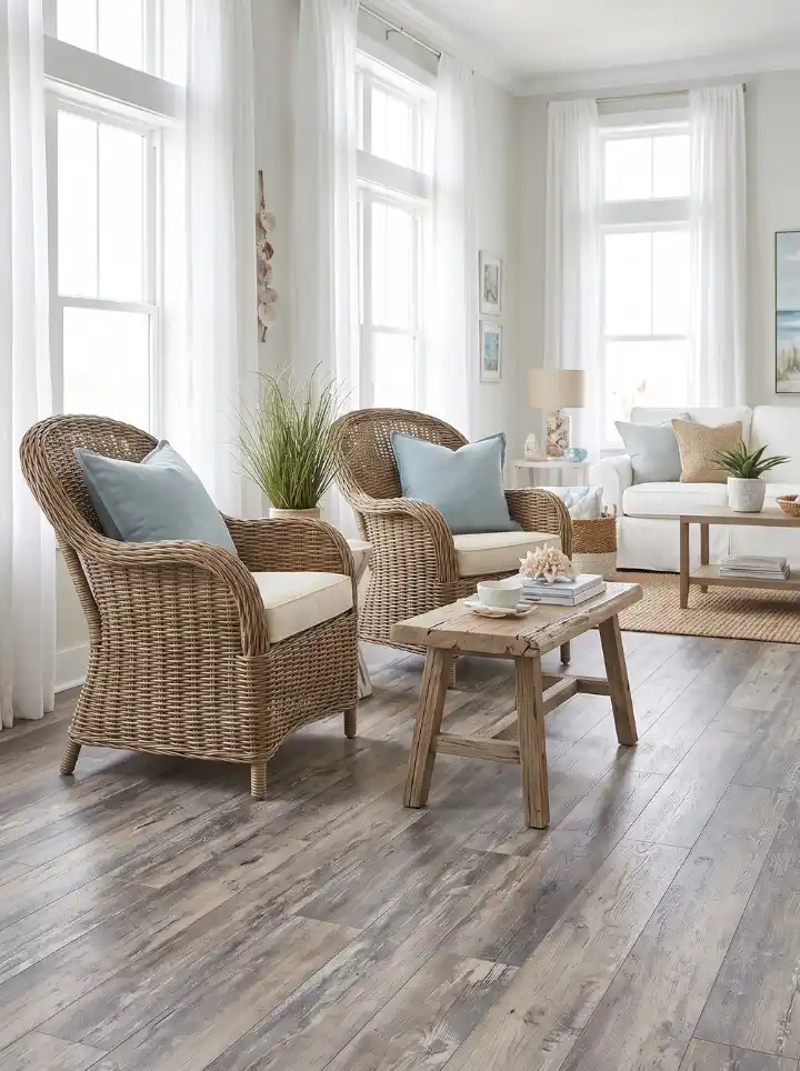 Weathered coastal gray driftwood laminate flooring in a beach-style living room.