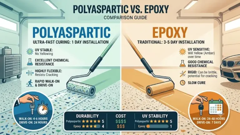 comparative breakdown of polyaspartic versus epoxy floor coatings, visualized as a modern infographic