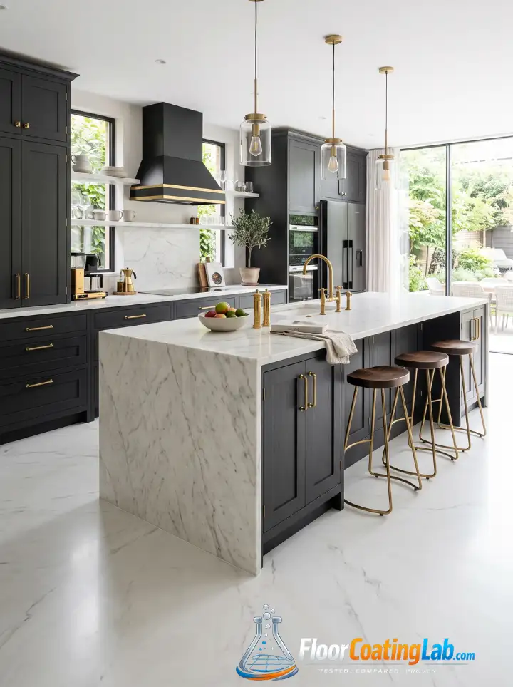 Luxury modern kitchen featuring a seamless faux white marble epoxy floor and dark charcoal island.