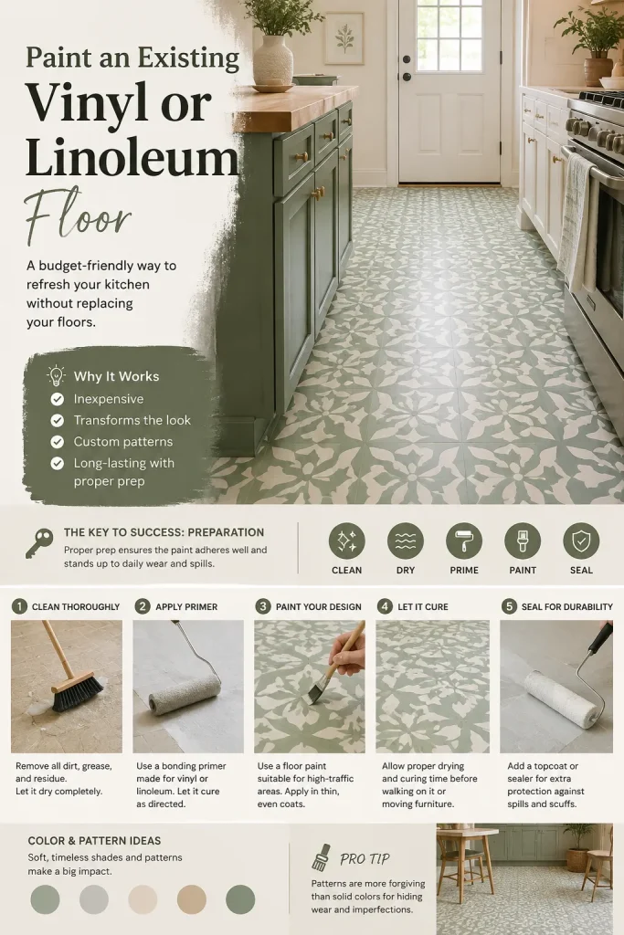 Painted vinyl kitchen floor with a subtle geometric pattern