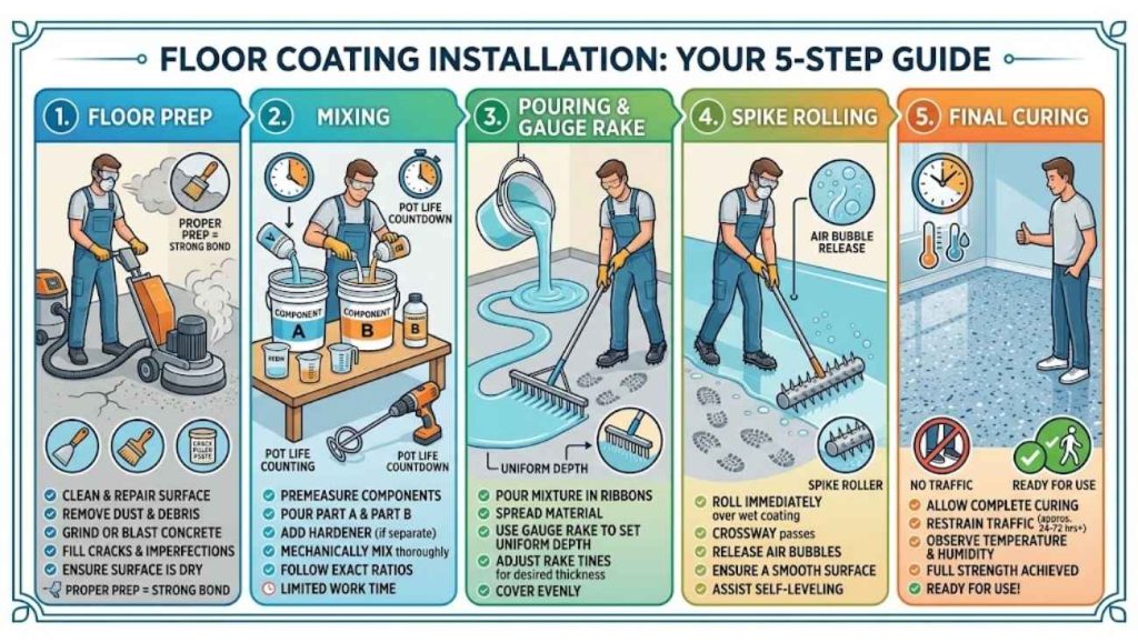 A step-by-step infographic showing floor prep, mixing, pouring with a gauge rake, spike rolling, and final curing