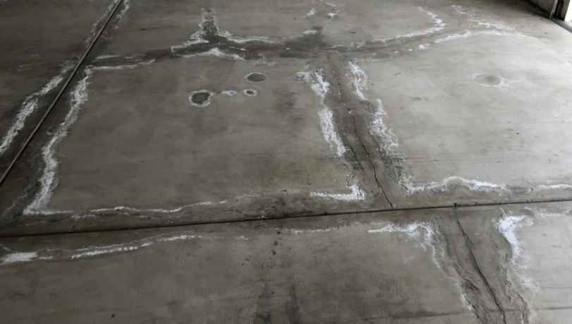 Close-up photo of a residential concrete garage floor with clearly visible white efflorescence patches, realistic natural lighting, detailed concrete texture, before-cleaning condition, no text or labels.