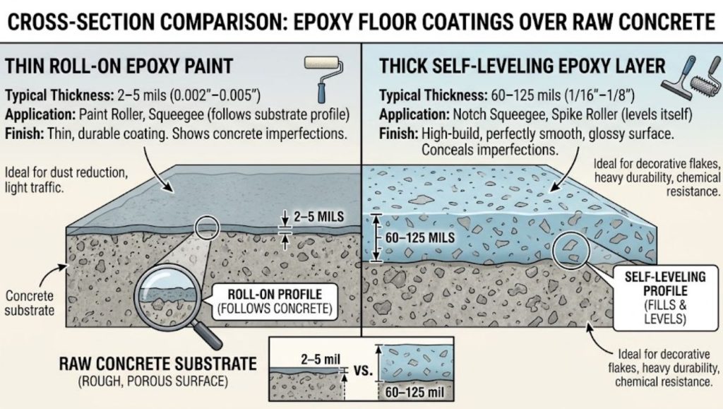 A clear cross-section illustration comparing thin roll-on epoxy paint (2–5 mils) against a thick self-leveling epoxy layer (60–125 mils) over raw concrete