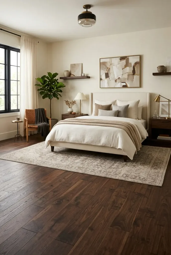 Dark walnut flooring in a sophisticated bedroom