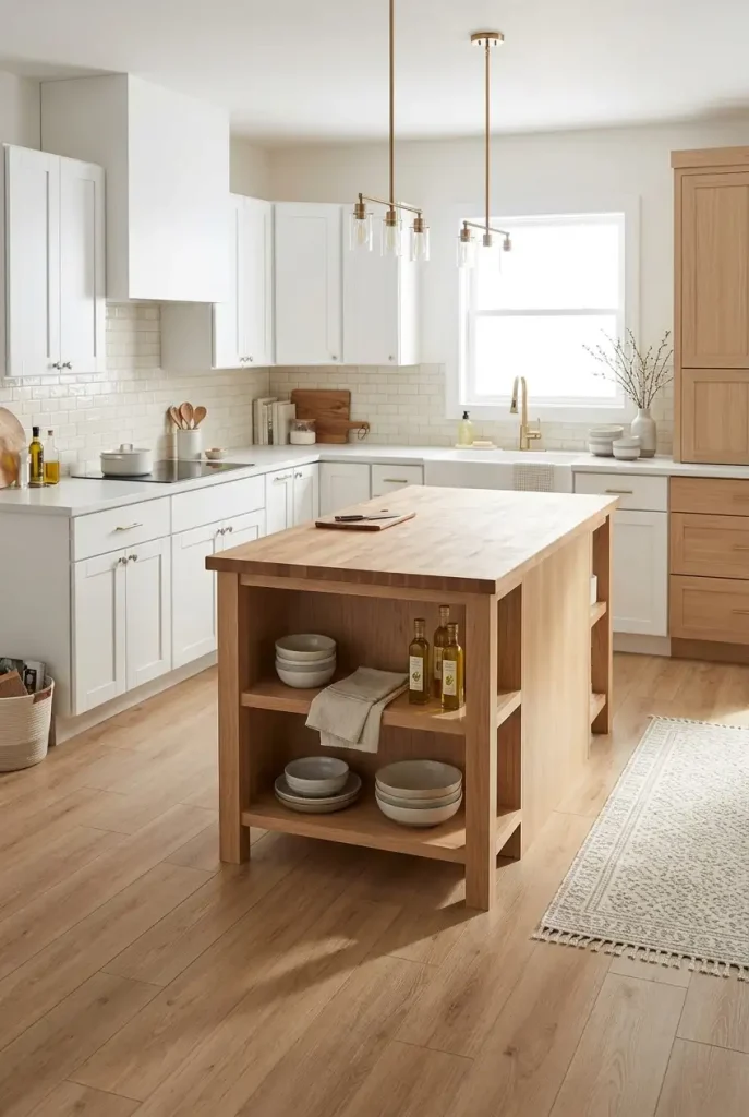 Warm oak peel-and-stick vinyl plank kitchen floor