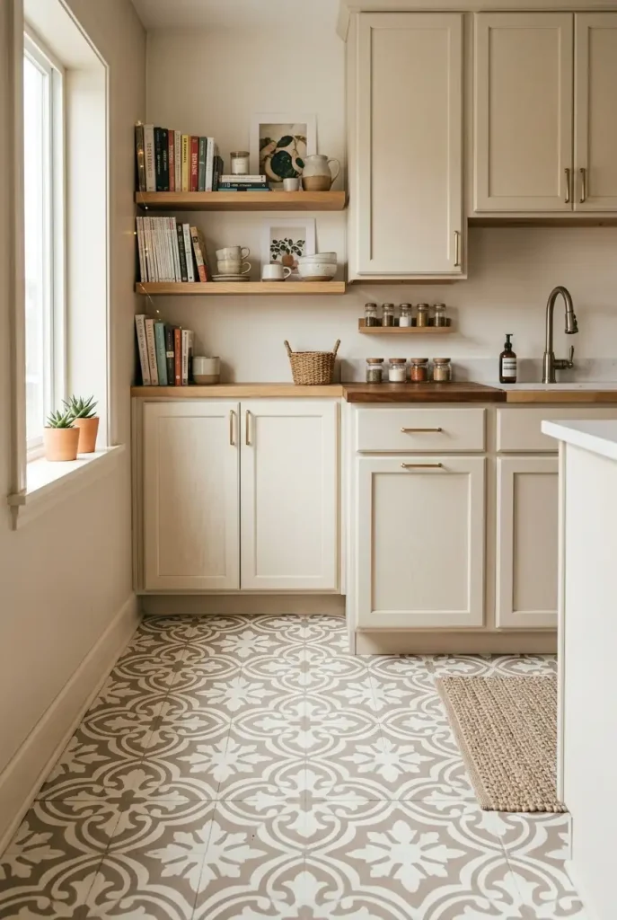 DIY stenciled kitchen floor with a decorative geometric pattern