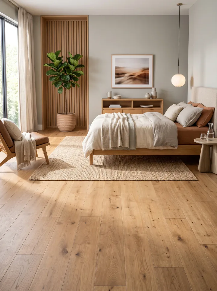 Wide-Plank Natural Wood for a Modern Bedroom