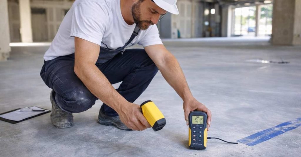 Concrete slab prepared for moisture testing before epoxy coating